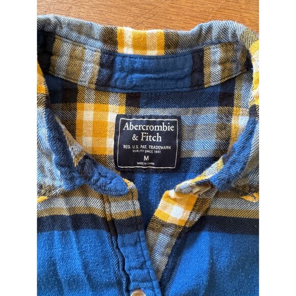 Abercrombie & Fitch Womens Shirt M Blue Yellow Plaid Button-Up Flannel - Picture 3 of 6